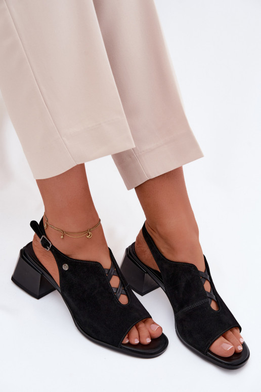Maciejka Suede Leather Sandals with Heel K7521-01 Black