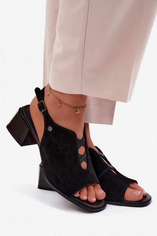 Maciejka Suede Leather Sandals with Heel K7521-01 Black