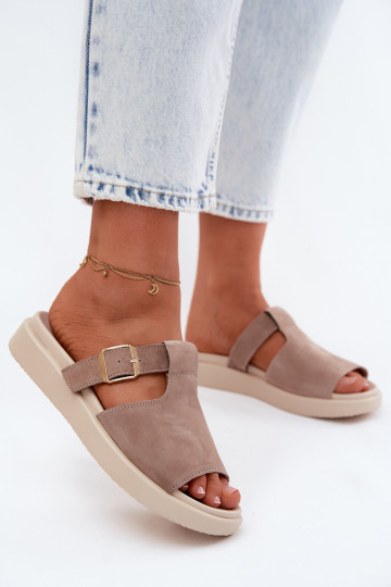 Suede Women's Platform Slides With Gold Buckle Dark Beige Zemela