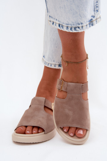 Women's faux suede platform slippers with golden buckles in sand color Zemela 2