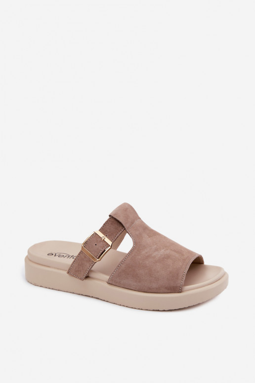 Women's faux suede platform slippers with golden buckles in sand color Zemela