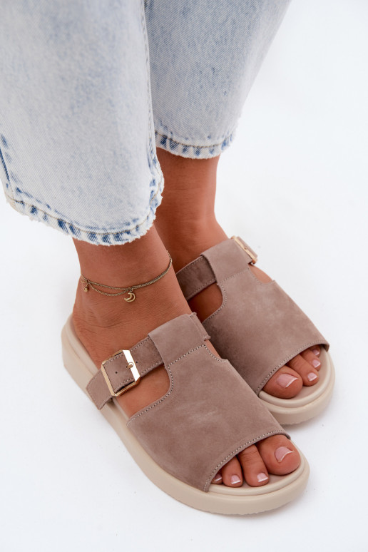 Women's faux suede platform slippers with golden buckles in sand color Zemela