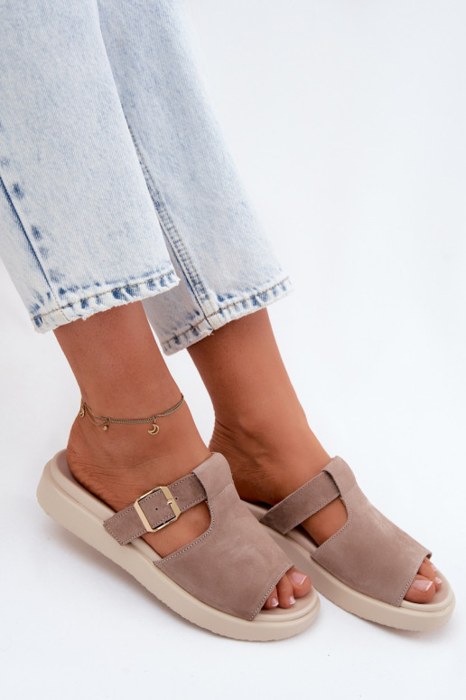 Women's faux suede platform slippers with golden buckles in sand color Zemela