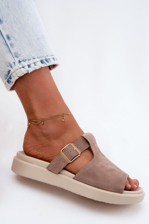 Suede Women's Platform Slides With Gold Buckle Dark Beige Zemela