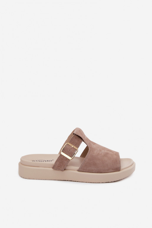 Women's faux suede platform slippers with golden buckles in sand color Zemela