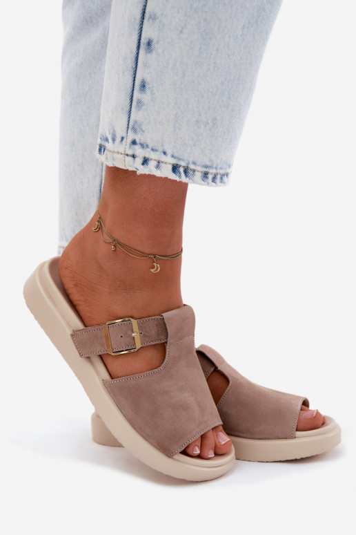 Women's faux suede platform slippers with golden buckles in sand color Zemela