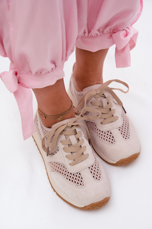 Ażurowe Sneakersy DamskiewithZamszu Jasnobeżowe Gelina