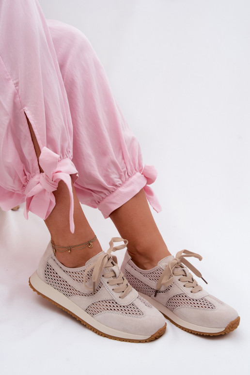 Ażurowe Sneakersy DamskiewithZamszu Jasnobeżowe Gelina