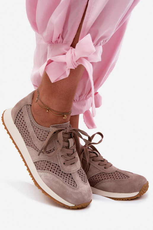 Ażurowe Sneakersy DamskiewithZamszu Ciemnobeżowe Gelina