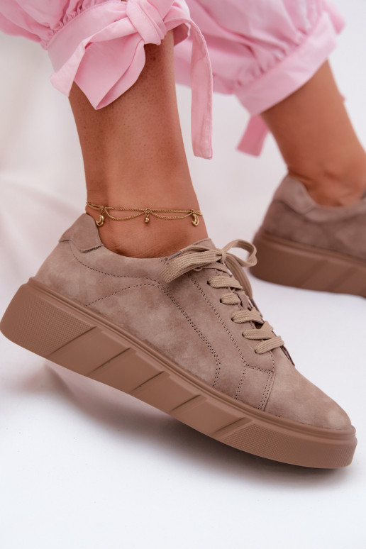 Leather Suede Women's Platform Sneakers Dark Beige Danida
