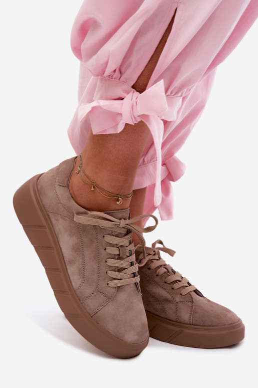 Leather Suede Women's Platform Sneakers Dark Beige Danida