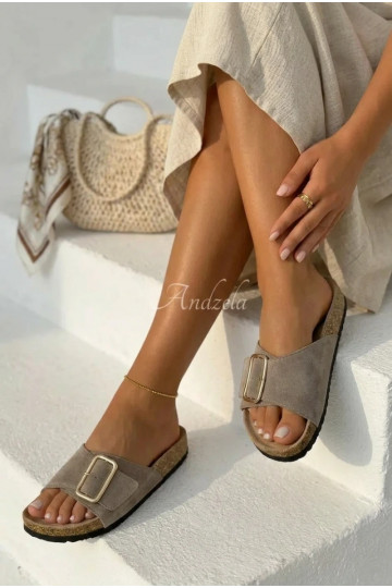 Leather Suede Women's Slides With Buckle Dark Beige Beryl