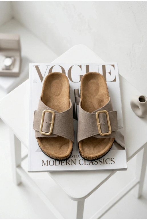 Leather Suede Women's Slides With Buckle Dark Beige Beryl