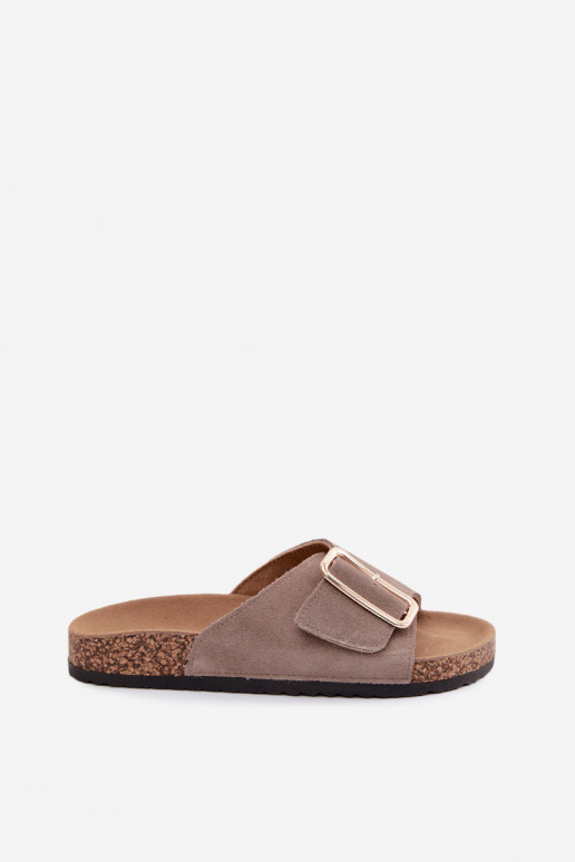 Leather Suede Women's Slides With Buckle Dark Beige Beryl