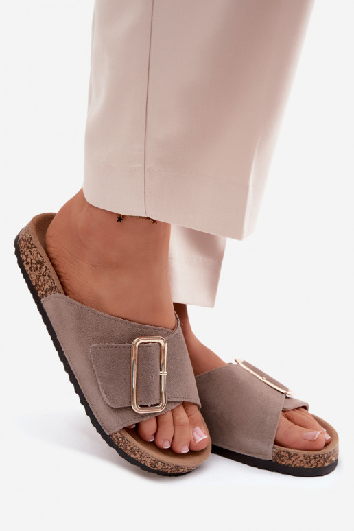 Leather Suede Women's Slides With Buckle Dark Beige Beryl