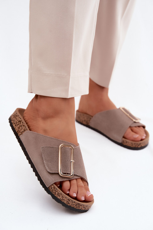 Leather Suede Women's Slides With Buckle Dark Beige Beryl