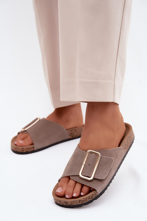Leather Suede Women's Slides With Buckle Dark Beige Beryl