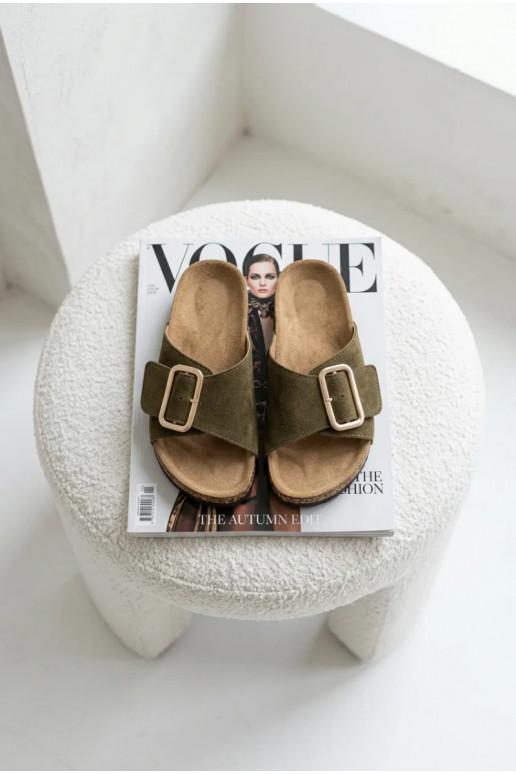 Leather Suede Women's Slippers With Buckle Dark Green Beryl