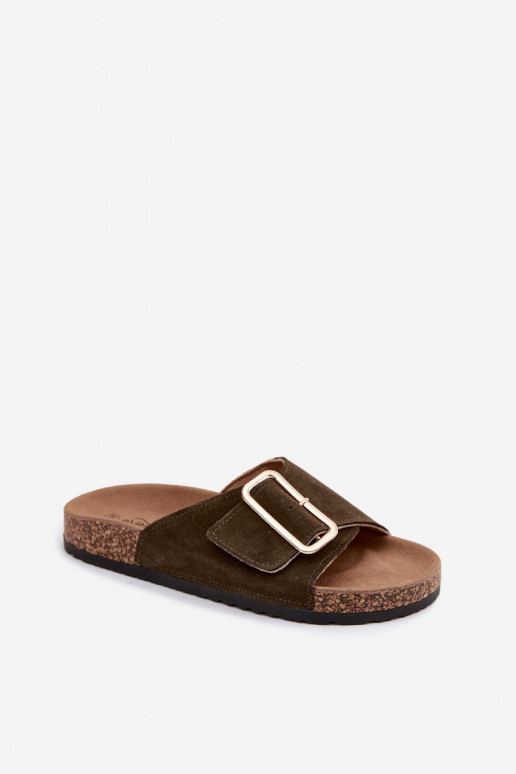 Faux suede women's slippers with buckles in khaki color Beryl