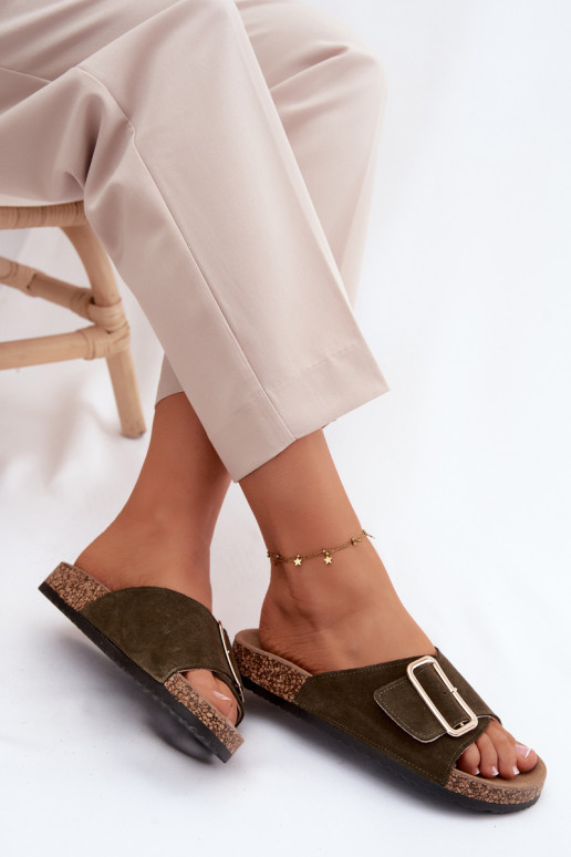 Leather Suede Women's Slippers With Buckle Dark Green Beryl