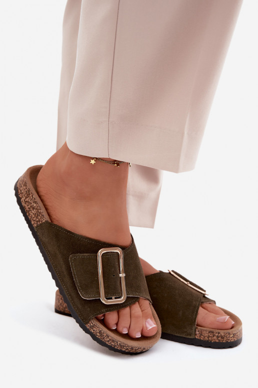 Leather Suede Women's Slippers With Buckle Dark Green Beryl