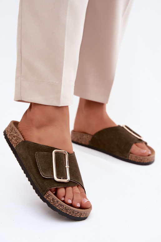 Leather Suede Women's Slippers With Buckle Dark Green Beryl