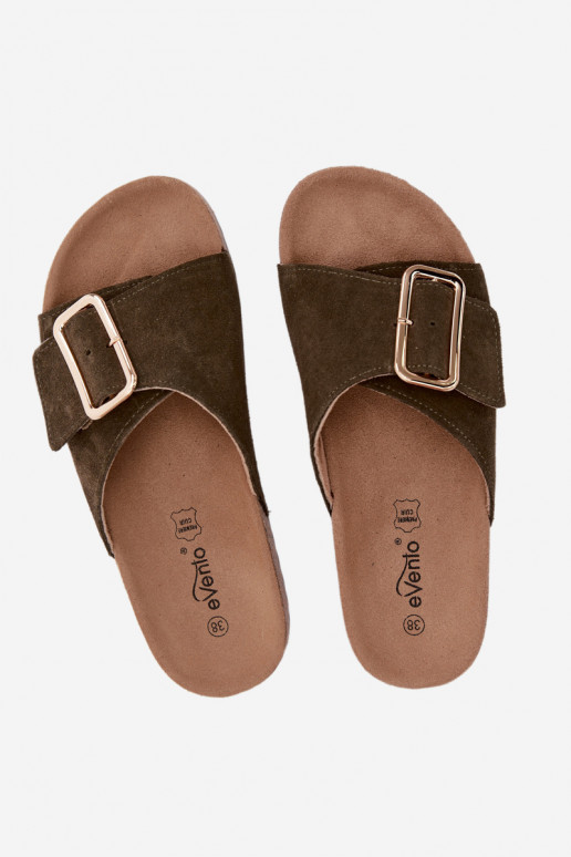 Leather Suede Women's Slippers With Buckle Dark Green Beryl