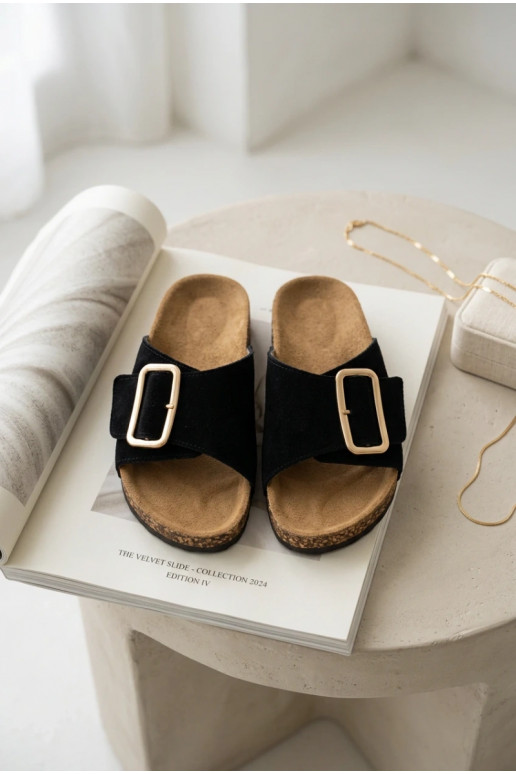 Leather Suede Women's Slippers With Buckle Black Beryl