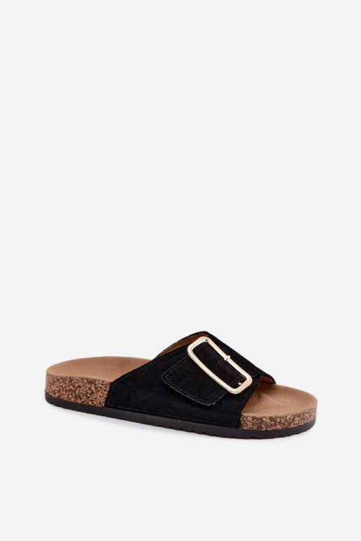 Leather Suede Women's Slippers With Buckle Black Beryl