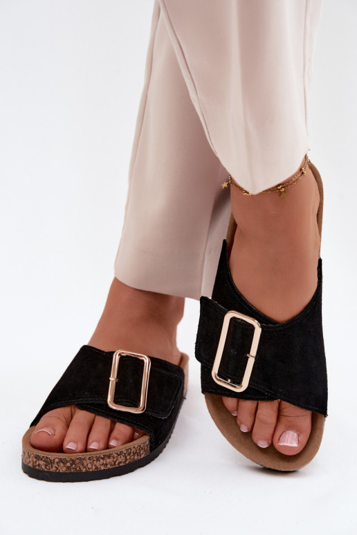 Leather Suede Women's Slippers With Buckle Black Beryl