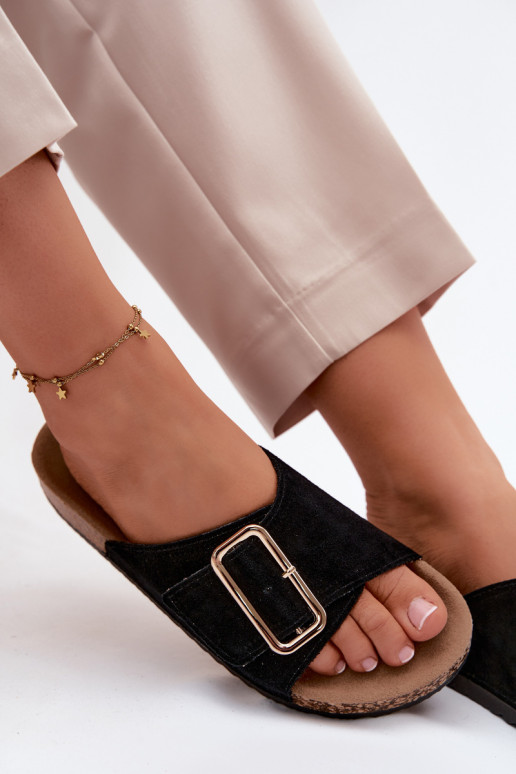 Leather Suede Women's Slippers With Buckle Black Beryl