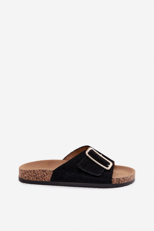 Leather Suede Women's Slippers With Buckle Black Beryl