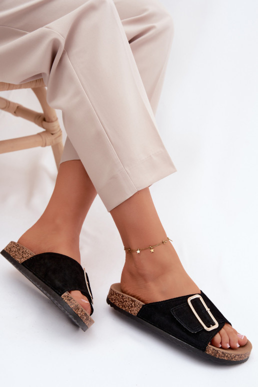 Leather Suede Women's Slippers With Buckle Black Beryl