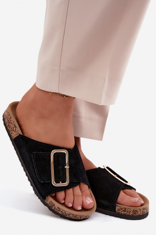 Leather Suede Women's Slippers With Buckle Black Beryl