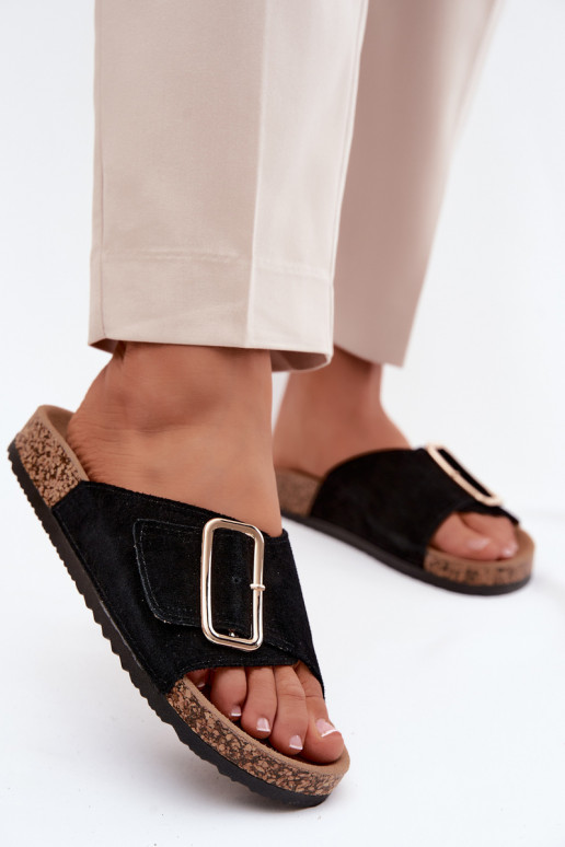 Leather Suede Women's Slippers With Buckle Black Beryl