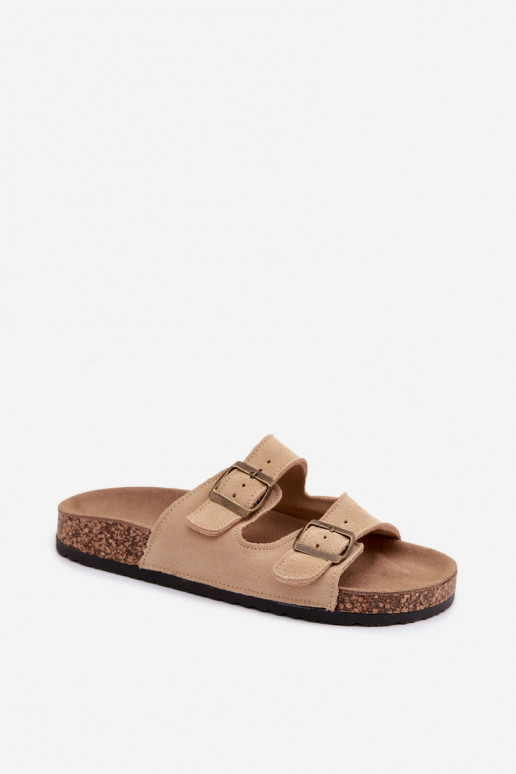 Faux suede slippers on cork sole with buckles in sand color Tavira