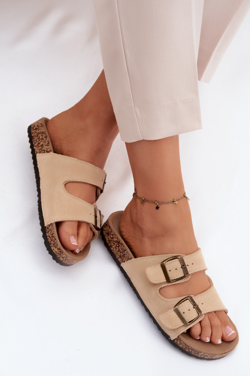 Suede Slides With Cork Sole And Buckles Beige Tavira