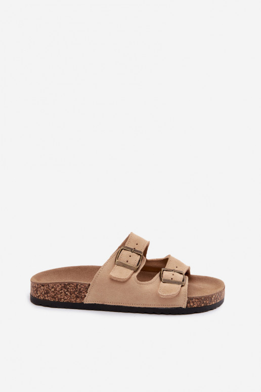Suede Slides With Cork Sole And Buckles Beige Tavira