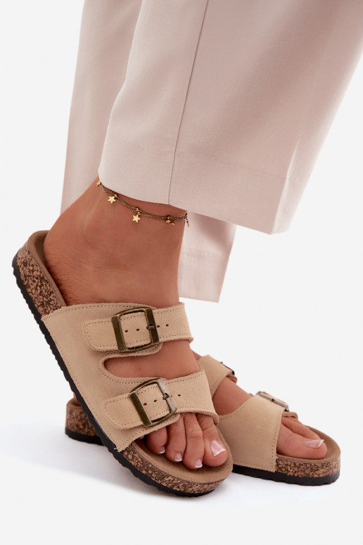 Faux suede slippers on cork sole with buckles in sand color Tavira
