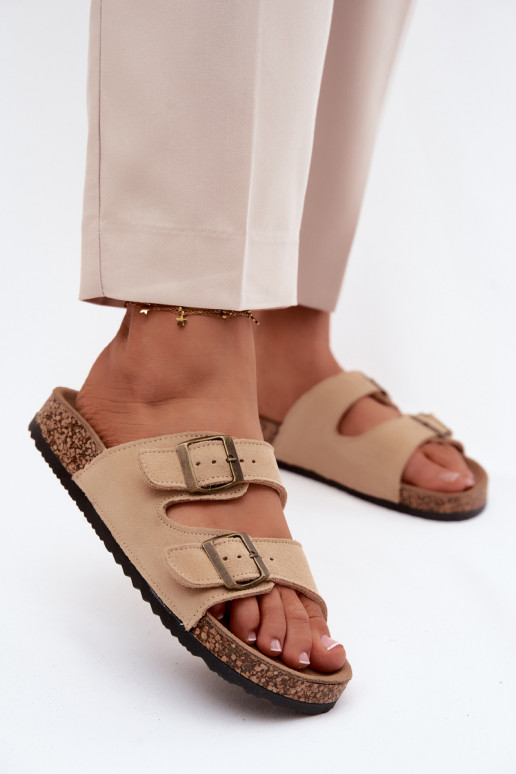 Suede Slides With Cork Sole And Buckles Beige Tavira