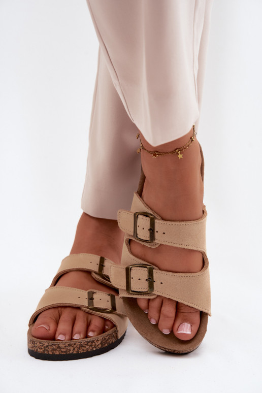 Suede Slides With Cork Sole And Buckles Beige Tavira