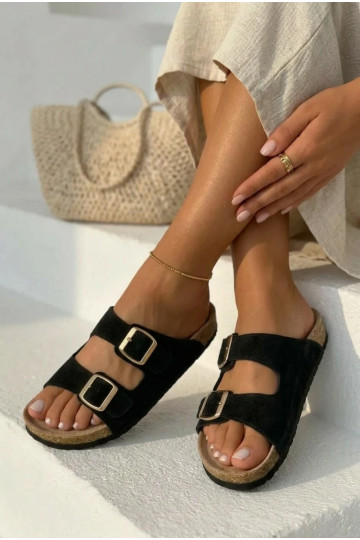 Faux suede slippers on cork sole with buckles in black color Tavira