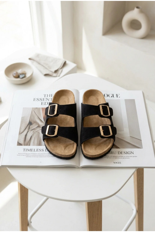Faux suede slippers on cork sole with buckles in black color Tavira