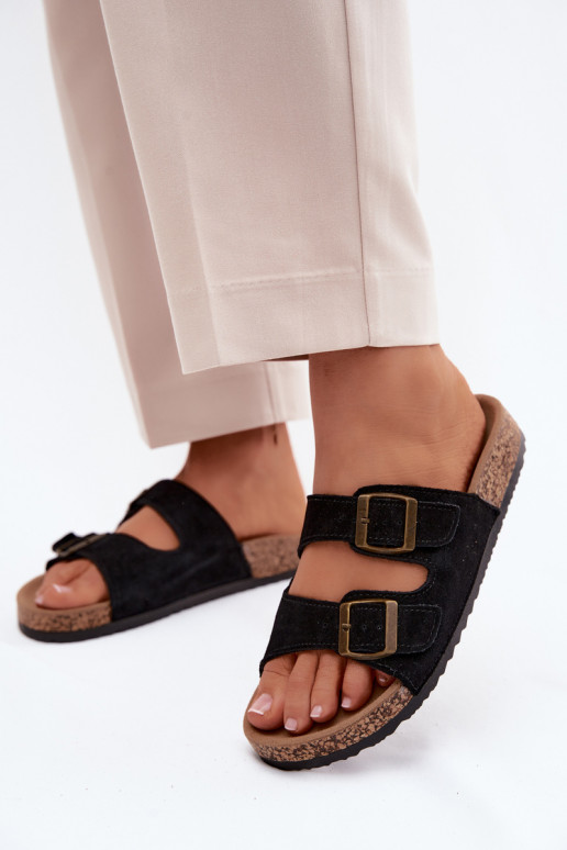 Faux suede slippers on cork sole with buckles in black color Tavira