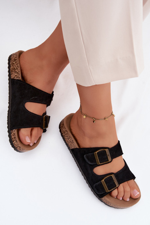 Suede Slides With Cork Sole Black Tavira