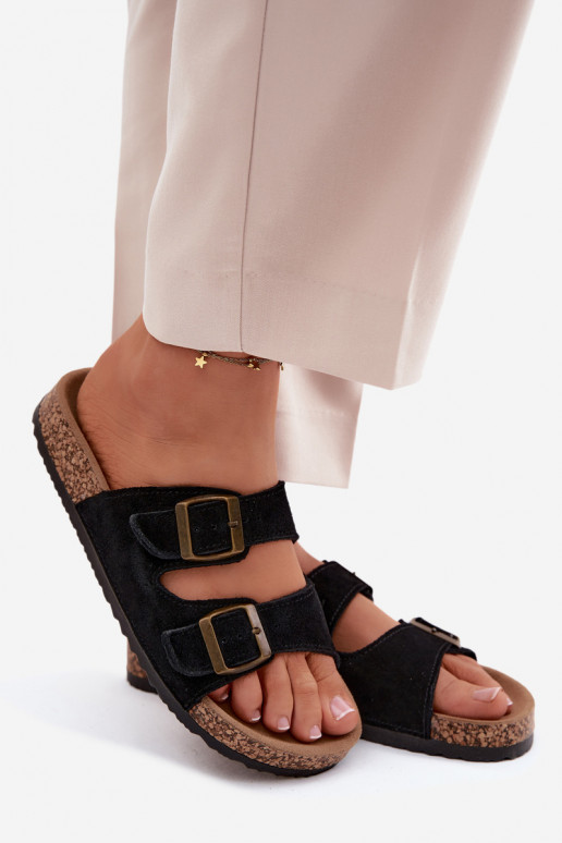 Faux suede slippers on cork sole with buckles in black color Tavira
