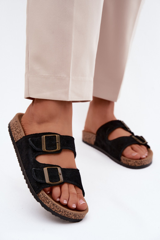 Faux suede slippers on cork sole with buckles in black color Tavira