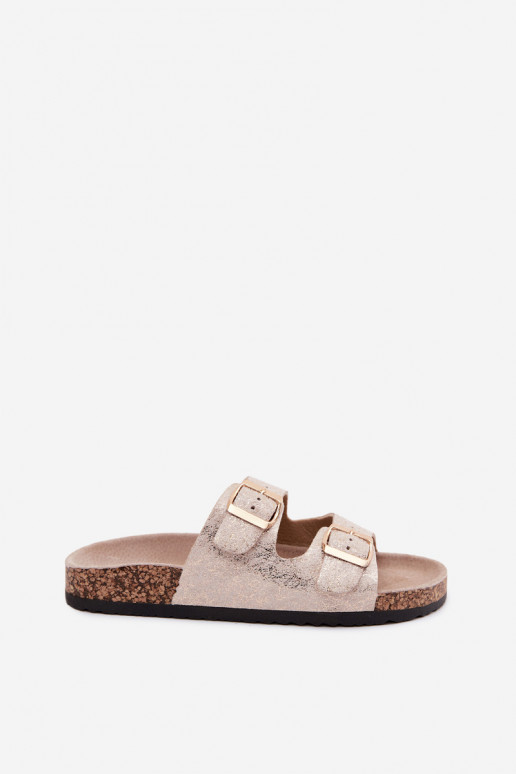 Women's slippers with buckles in golden color Dobby