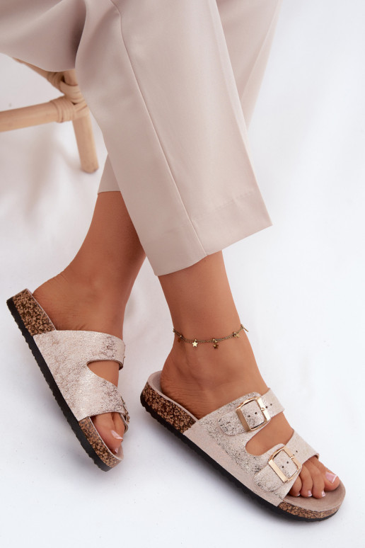 Women's slippers with buckles in golden color Dobby