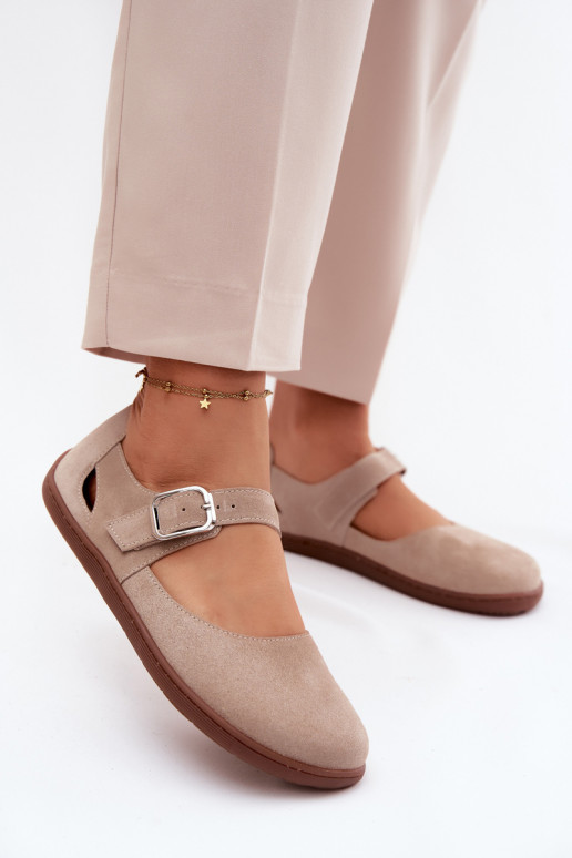 Skórzane Zamszowe Baleriny BarefootwithPaskiem Zazoo N1319 Beżowe